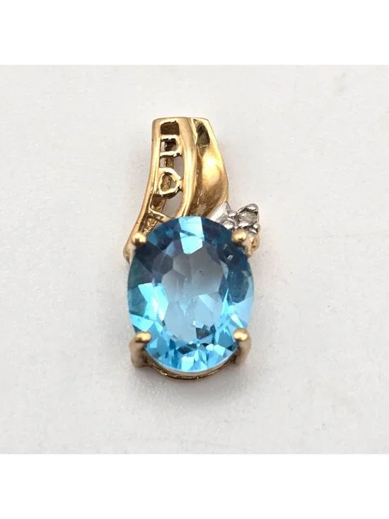10K Yellow Gold Diamond & Blue Topaz 'I Love You' Slide Pendant - Picture 6 of 11